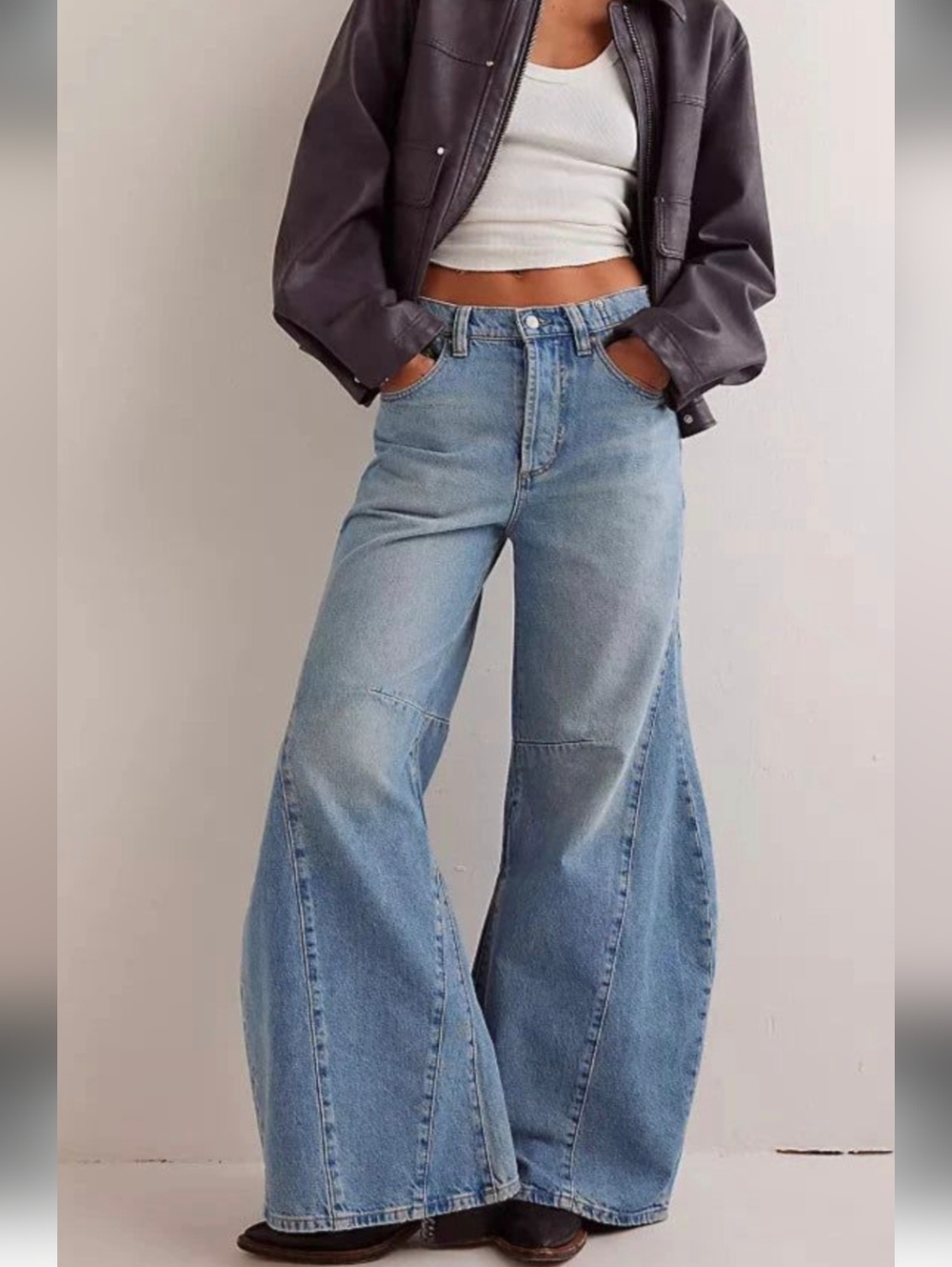 We The Free Wide Leg Flare Jeans in Light Blue Denim - Picture 2 of 9